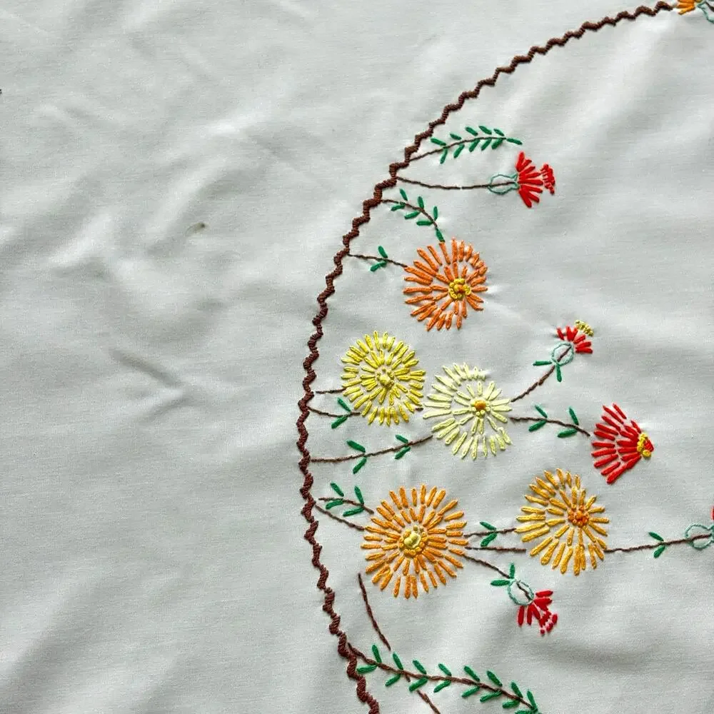Vintage Embroidered Round Tablecloth, Beige Floral Cotton Blend 58”